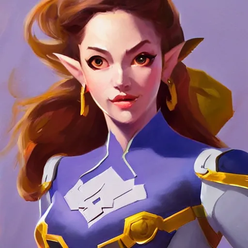 Image similar to greg manchess portrait painting of zelda as overwatch character, medium shot, asymmetrical, profile picture, organic painting, sunny day, matte painting, bold shapes, hard edges, street art, trending on artstation, by huang guangjian and gil elvgren and sachin teng