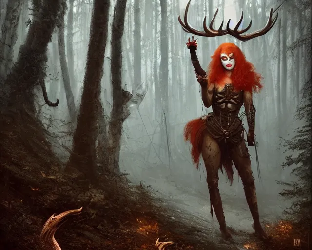 Image similar to 5 5 mm portrait photo of an armored gorgeous aesthetic redhead woman warrior with a face tattoo and antlers growing from her head and cat on her shoulder, in a magical forest. dark atmosphere. art by greg rutkowski. highly detailed 8 k. intricate. lifelike. soft light. nikon d 8 5 0.