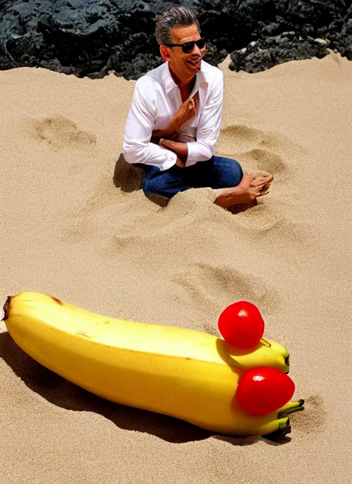 Image similar to jeff goldblum as a banana tomato on the sand of a beach