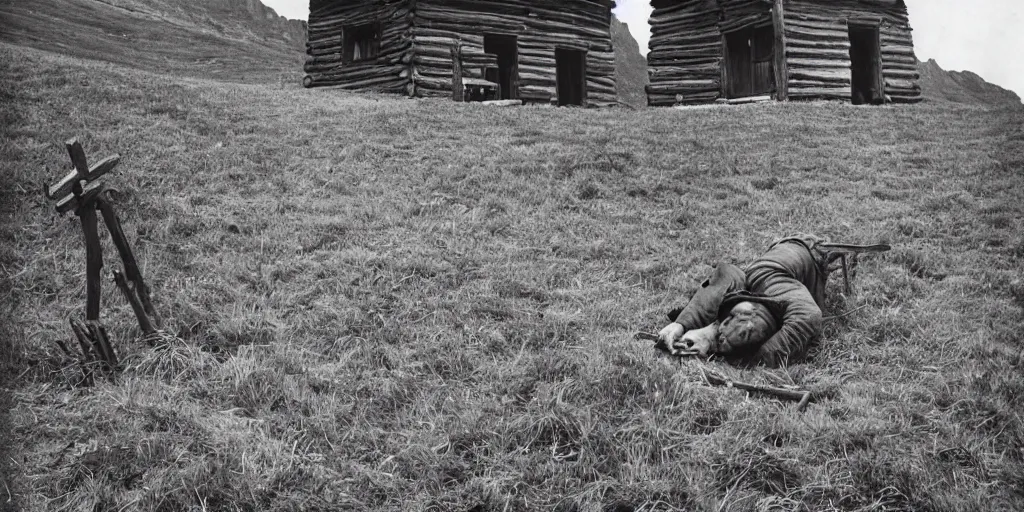 Prompt: 1 9 2 0 s photography of an old farmers hut in the dolomites, farmer twisting on the ground, farmer tools, wooden cross, bones, haystack, dark, eerie, grainy