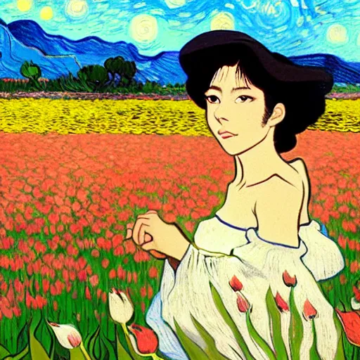 Prompt: beautiful dark skin mexican woman, dancing in a field of tulips and baby's breath, prominent, rosy cheek bones, black hair and brown eyes, van gogh art style, art by hayao miyazaki, makoto shinkai