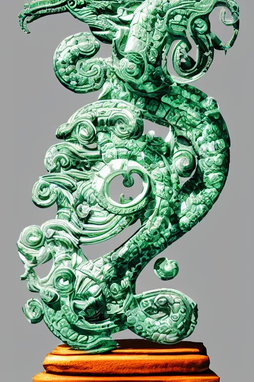 Image similar to aztec quetzalcoatl carved from translucent jade, dynamic pose standing on a marble pedestal, intricate details, intricate textures, warm lighting, vivid colors, smoke and mist, realistic octane render, hyper realistic render, volumetric shading, depth of field, raytracing, 8 k,