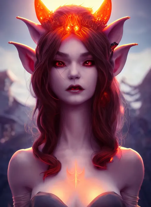 Image similar to imp demon goddess, cute elf ears, strapless dress, character portrait in the style of thomas river and artgerm, cinematic lighting, hyperdetailed, 8 k realistic, symmetrical, global illumination, radiant light,, frostbite 3 engine, cryengine, dof, trending on artstation, digital art, chanel