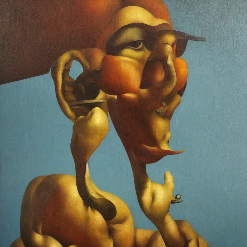 Prompt: WHAT A SHAME detailed and highly reliefed oil painting with canvas texture in style of Magritte, Sascha Schneider, Giorgio de Chirico, Pollock photorealistic, surrealistic, masterpiece, balanced composition, natural colors
