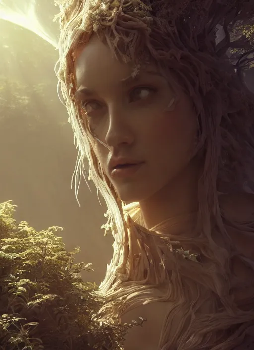 Image similar to sumptuous biomechanical masterpiece incredible hair, crystalline incrustations, hyperdetailed face, elegant pose, movie still, intricate, octane render, cinematic forest lighting, cgsociety, unreal engine, crepuscular rays, god rays