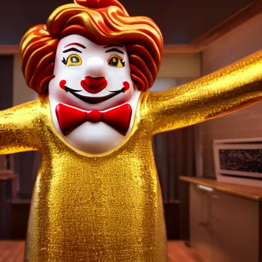 Image similar to A still of Ronald McDonald surrounded by gold and diamonds, Award-winning, photograph, 3d render, unreal engine, 4k detailed