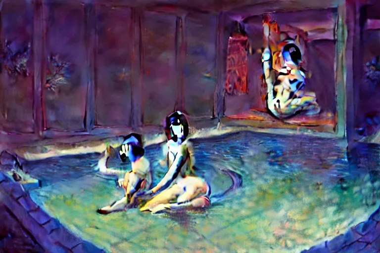 Image similar to Asian girls intertwined in a hallucinatory surreal dream, swimming pool, dark mood, John Singer Sargant, by Bastien Lecouffe-Deharme, Gustav Klimt, Adrian Ghenie Edward Hopper, trending on artstation, 4k, 8k, HD