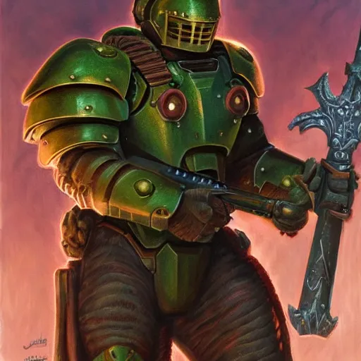 Prompt: Doomguy as a fantasy D&D knight, portrait art by Donato Giancola and James Gurney, digital art, trending on artstation