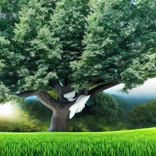 Image similar to three white whales flying near giant tree in the green field, realistic, HD,