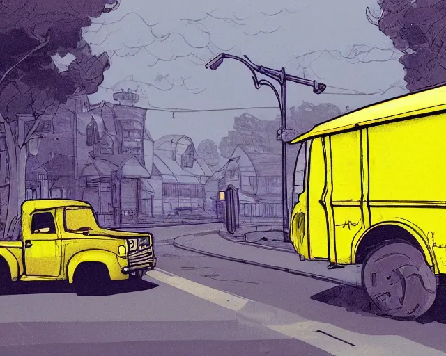 Image similar to a study of cell shaded cartoon of a yellow truck on a country road, street lamps, road, illustration, wide shot, subtle colors, post grunge, concept art by josan gonzales and wlop, by james jean, Victo ngai, David Rubín, Mike Mignola, Laurie Greasley, highly detailed, sharp focus, alien, Trending on Artstation, HQ, deviantart, art by artgem