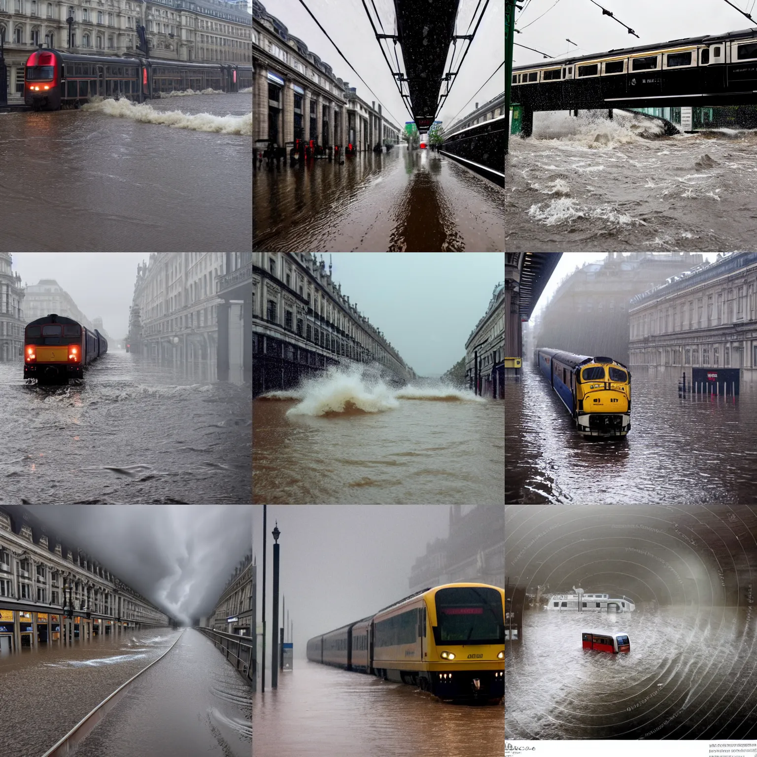 Prompt: train traveling through a flooded regent street in london during a storm surge, heavy rain, wind, stormy, a stock photo by allen tupper true, trending on cg society, regionalism, iso 2 0 0, sabattier filter, sabattier effect