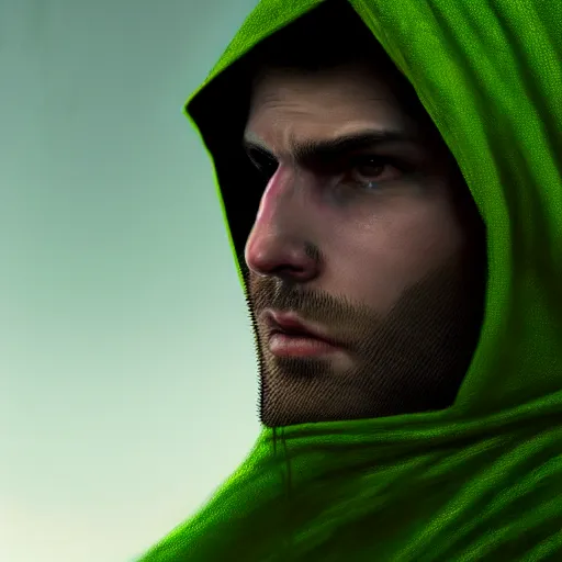 Image similar to portrait of a chad programmer with green hood by greg rutkowski, 4 k, close up