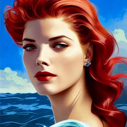 Prompt: A combination of Grace Kelly's and Katheryn Winnick's and Ashley Greene's faces with red hair as a mermaid half submerged on the beach, western, fantasy, intricate, elegant, highly detailed, digital painting, artstation, concept art, matte, sharp focus, illustration, art by Artgerm and Greg Rutkowski and Alphonse Mucha