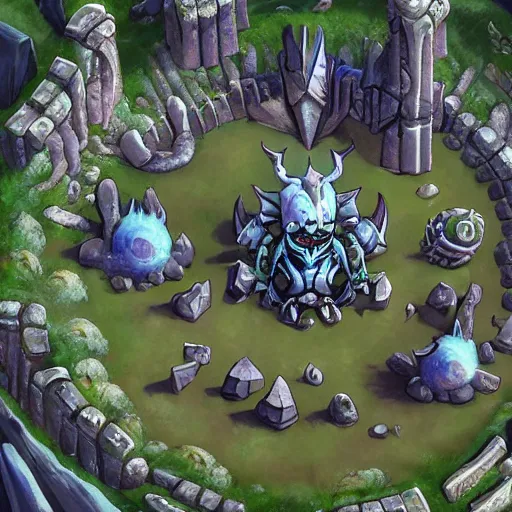 Image similar to baron nashor from league of legends surrounded by stonehenge, in the middle hyper detailed, hyper realistic, angled shot from the sky looking down,