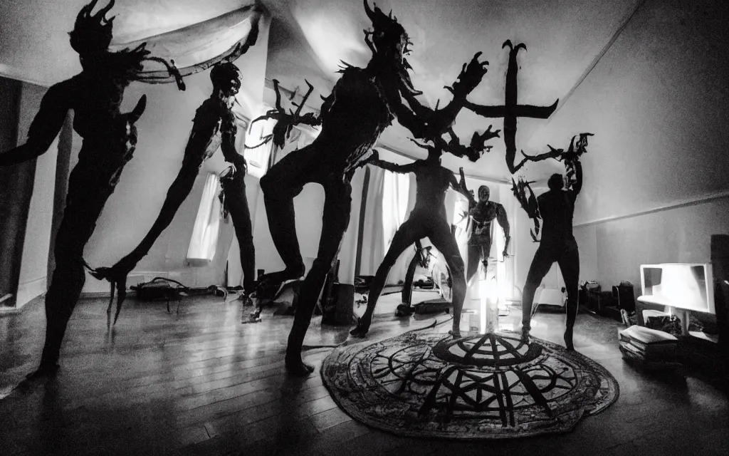 Image similar to transparent horror demon spirit attacks in living room with summoning circle pentacle out interior photos shot on iphone, dynamic pose, full body shot, sharp focus, grainy, corpse, paranormal flashlight, deep night,,