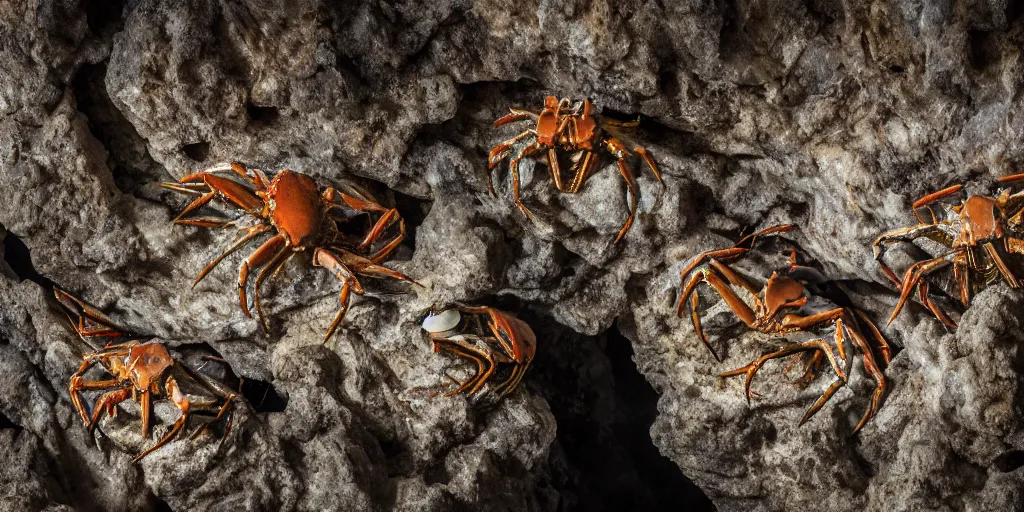 Image similar to crabs feeding on carrion inside of a dark cave, speleothems, geologic stratum, torch light, rituals, organs, extremely detailed, photorealistic, 4 k, 8 k