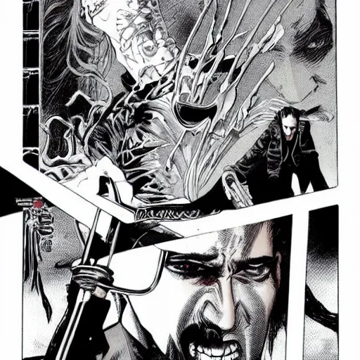 Image similar to Vampire Hunter Nicolas Cage esoteric graphic novel illustrated by Yoshitaka Amano written by Fred Durst