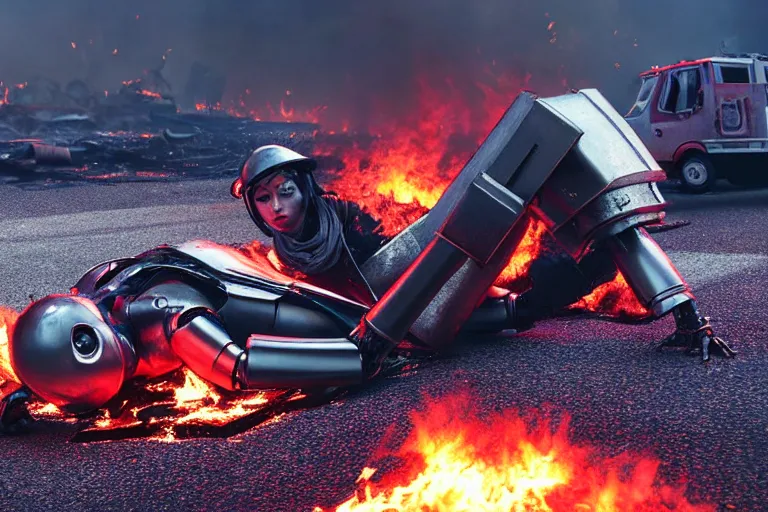 Image similar to vfx film closeup, dead robot couple on the ground holding hands, city street tire tracks fire. flat color profile low - key lighting award winning photography arri alexa cinematography, hyper real photorealistic cinematic atmospheric cool colorgrade