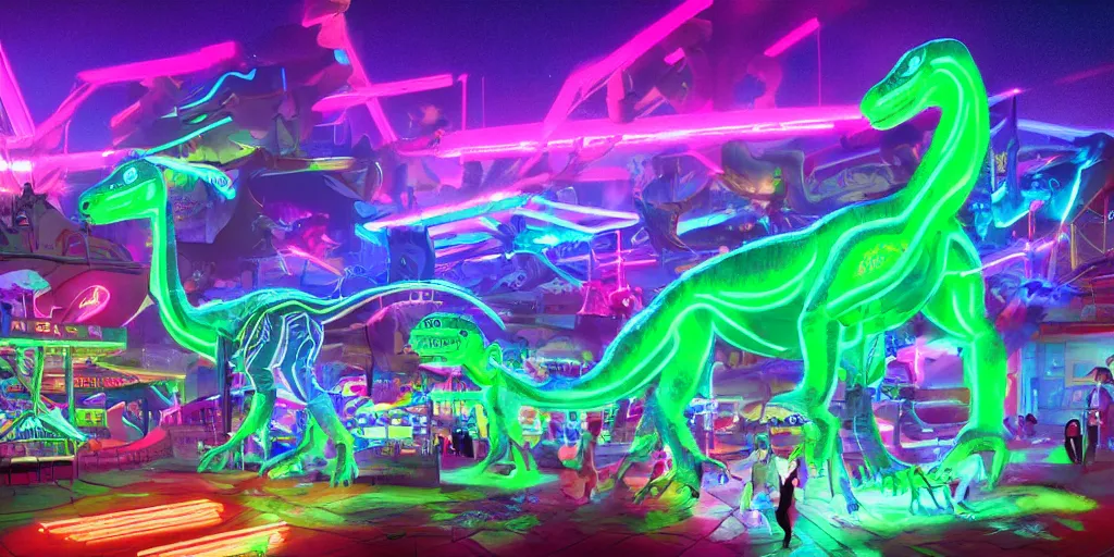 Prompt: neon laser dinosaurs at the county fair by makoto shinkai