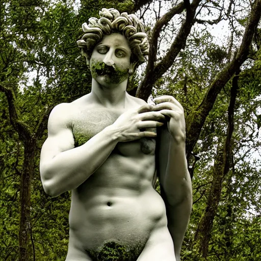 Prompt: Dionysus statue in forest