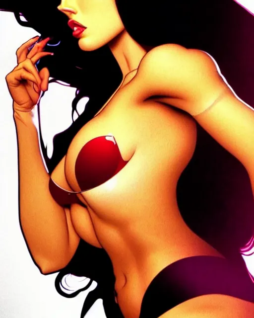 Image similar to low angle closeup very seductive megan fox retro scifi goddess pinup, vr goggles, action glamour pose, windblown dark hair, hyper detailed, digital art, studio lighting, smooth, ambient lighting, sharp focus, frank miller, wlop, anna dittmann, moebius!, alphonse mucha, patrick nagle!!!, rim lighting, synthwave