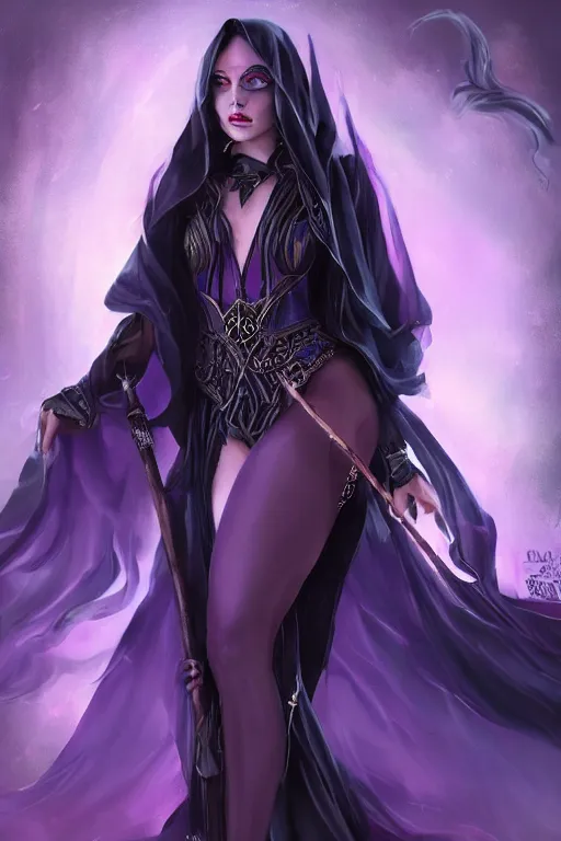 Prompt: Pretty Sorceress, wearing Black and purple robes, Dark blue hair, magic wooden staff, fully covered, Dark fantasy, romantic lead, detailed face, trending by artstation, artstationhd, artstationhq, matte painting