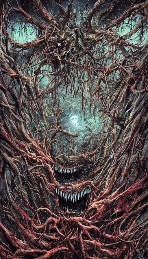 Prompt: a storm vortex made of many demonic eyes and teeth over a forest, by android jones,