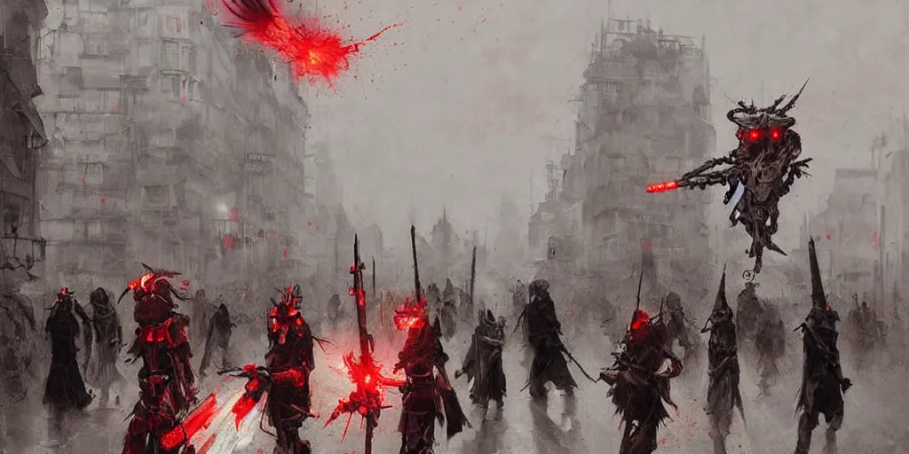 Image similar to demonic samurai robot on the streets of paris, very detailed painting, concept art, very creepy, pile of bodies, a lot of blood on the streets, art by jakub rozalski