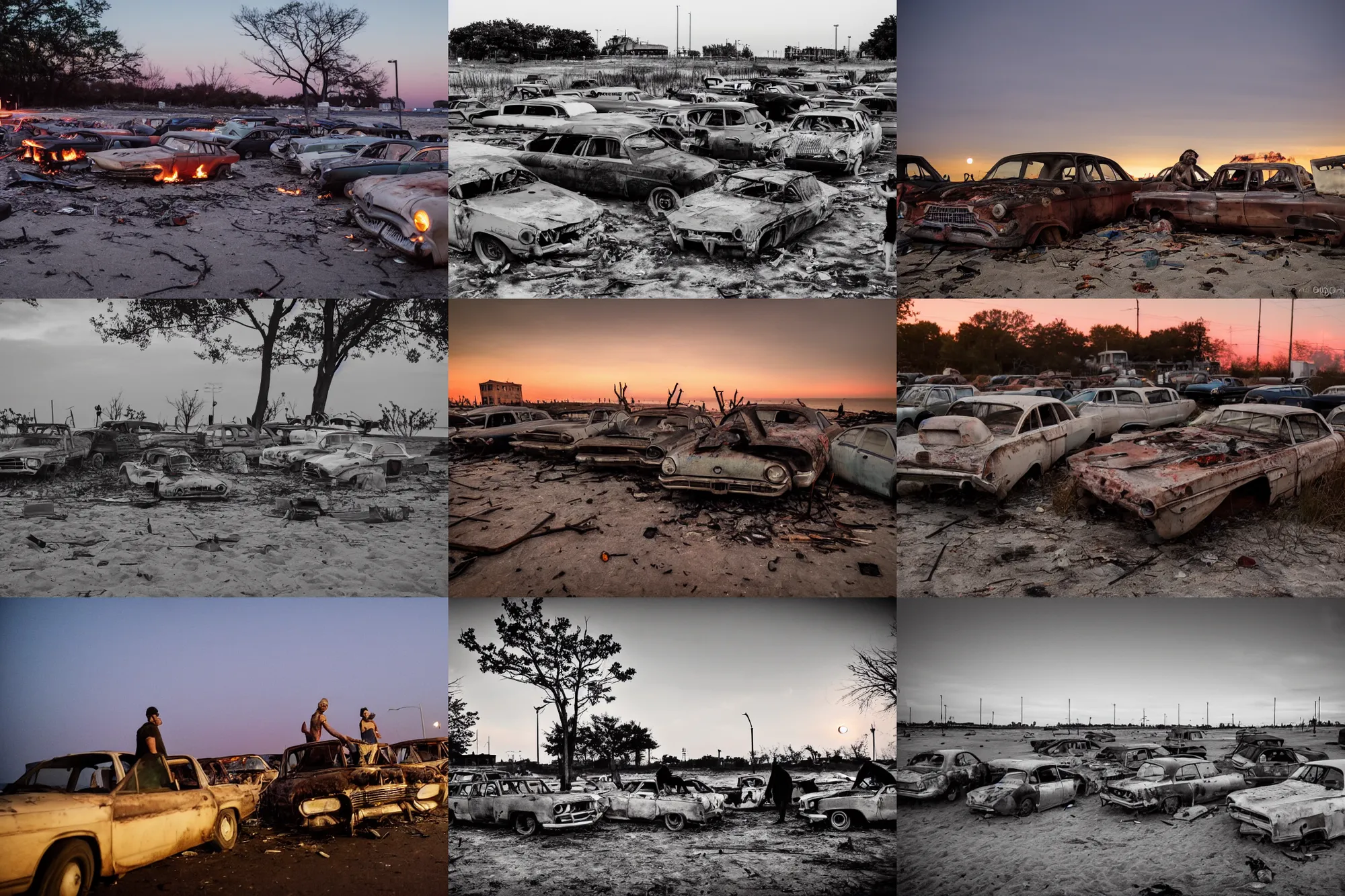 Prompt: a few zombies at dusk on new dorp beach with abandoned cars and bonfire
