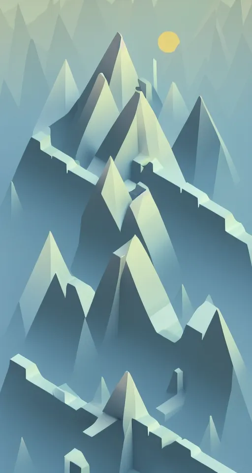 Prompt: geometric design minimalist isometric mountain with full moon behind the top, trending on artstation, cute digital art, monument valley