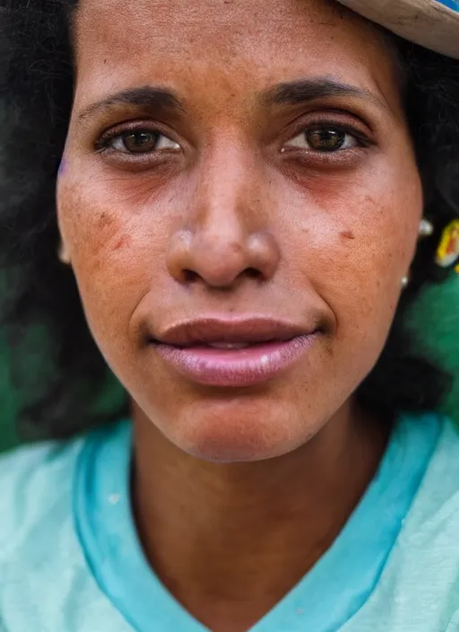 Image similar to close up portrait of a beautiful, real 30-year-old Cuban woman, happy, candid street portrait in the style of Martin Schoeller, award winning, Sony a7R