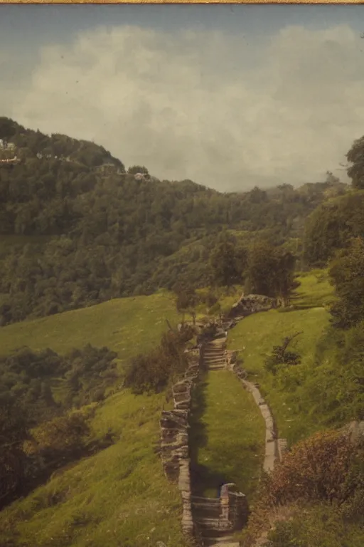 Image similar to photochrom, a hilly landscape with castle and path