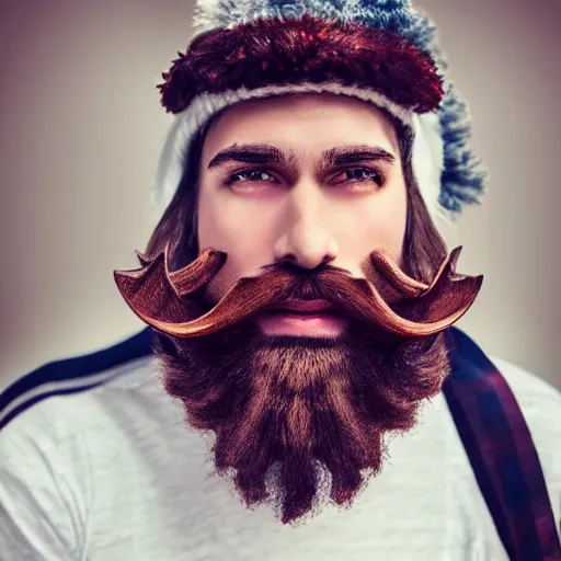 Image similar to strong attractive man face symettry brown beard with christmas hat masculine traits brown hair purple eyes clean skin ultra realistic highly detailed highly realistic 8 k photo realistic