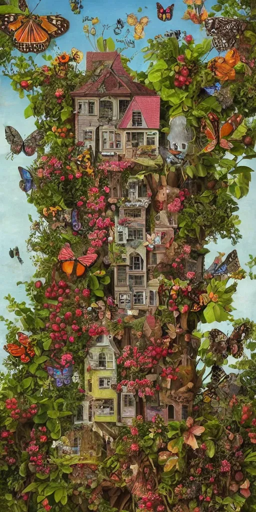 Prompt: a house with a tower, owl, butterflies, berries, lowbrow in the style of mark ryden and gioseppo arcimboldo, 8 k, from far away, + w 1 0 2 4