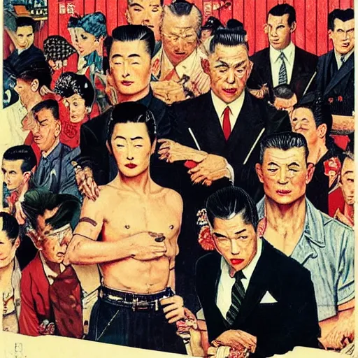 Prompt: 1 9 5 0's yakuza, retro americana, norman rockwell