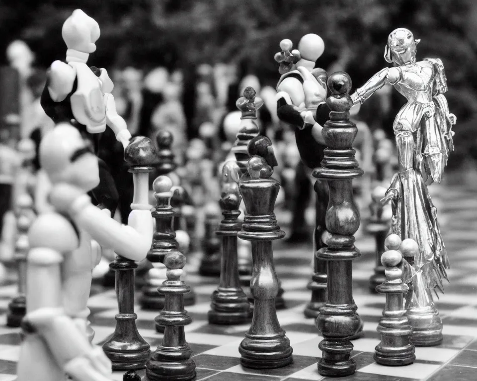 Prompt: a black and white photograph humanoid chess pawn takes the crown off a humanoid chess king. art photography, tri - x