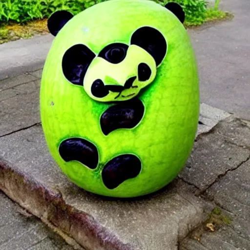 Image similar to watermelon carved to reveal a panda. the green watermelon rind defines its feet. the red flesh of the watermelon forms its body.