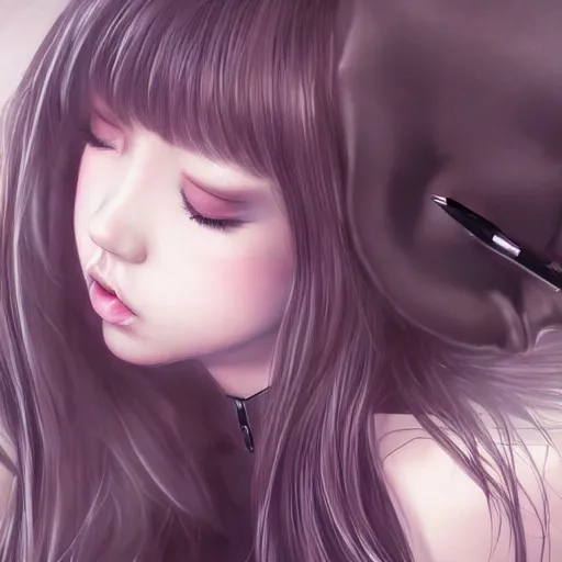 Image similar to realistic detailed semirealism beautiful gorgeous cute Blackpink Lalisa Manoban sleeping, black hair black cat ears, black leather choker, proportional body, WLOP, Aztodio, Taejune Kim, sakimichan, ArtGerm, Pixiv, Instagram, Artstation