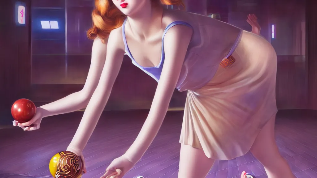 Image similar to art deco bowling alley, cute girl bowling, photo, ultra detail, photoreal, professionally retouched, soft moonlight lighting, shiny plastic miniskirt, realistic, smooth face, goddess, luscious lips, perfect eyes, wide angle, sharp focus on eyes, 8 k high definition, insanely detailed, intricate, elegant, art by artgerm and wlop