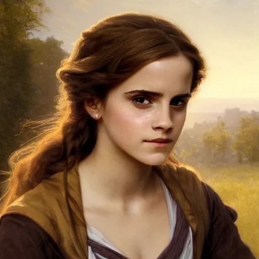 Image similar to Painting of Emma Watson as Hermione Granger. Art by william adolphe bouguereau. During golden hour. Extremely detailed. Beautiful. 4K. Award winning.