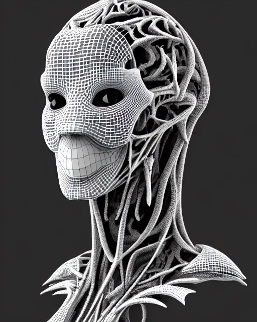 Image similar to a black and white 3D render of a young beautiful female queen-dragon-cyborg bust with a very long neck and a Mandelbrot fractal face, anatomical, flesh, facial muscles, veins, arteries, full frame, microscopic, elegant, highly detailed, flesh ornate, cable wires, elegant, high fashion, rim light, octane render, in the style of H.R. Giger and Man Ray, Realistic, Refined, Digital Art, Highly Detailed, Cinematic Lighting, rim light, black and white, photo-realistic, 8K