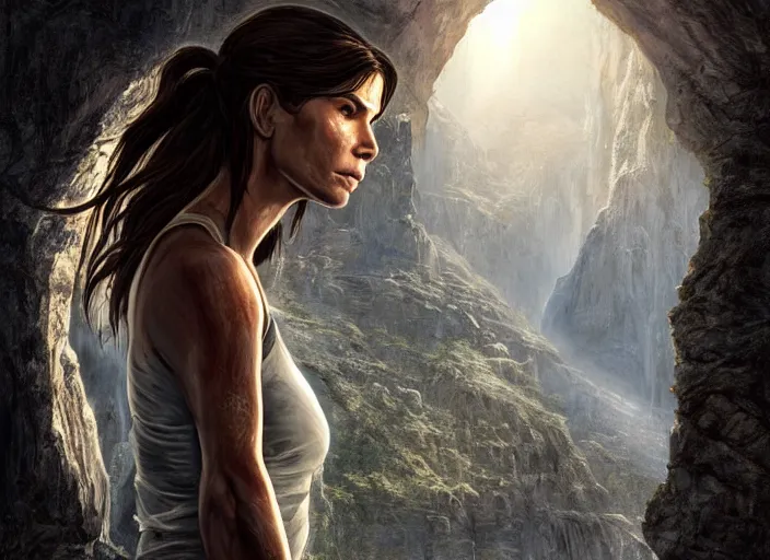 Image similar to face portrait of concentrated young Sandra Bullock as Lara Croft entering the large Minas Tirith gate, sun beams, intricate, elegant, highly detailed, centered, digital painting, artstation, concept art, smooth, sharp focus, illustration, Allan Lee, John Howe