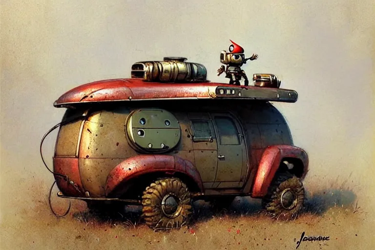 Image similar to adventurer ( ( ( ( ( 1 9 5 0 s retro future robot android mouse wagon rv offroad. muted colors. ) ) ) ) ) by jean baptiste monge!!!!!!!!!!!!!!!!!!!!!!!!! chrome red