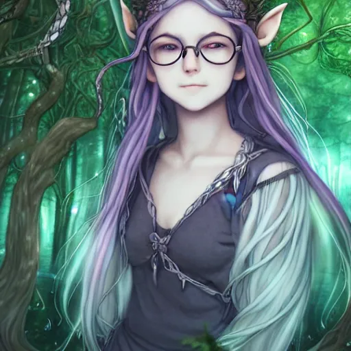 Prompt: happy elven mage in the dark forest, vvwxxya, thin silver glasses, intricate braided hair, plump body, manga panel by kosuke kurose, soft lighting, highly detailed face, cozy atmosphere, sharp focus, artstation, secret of mana, sophie anderson, arnold armitage, loish