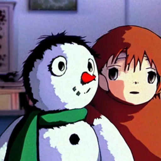 Image similar to an anime character wearing a snowman onsie, film by studio ghibli