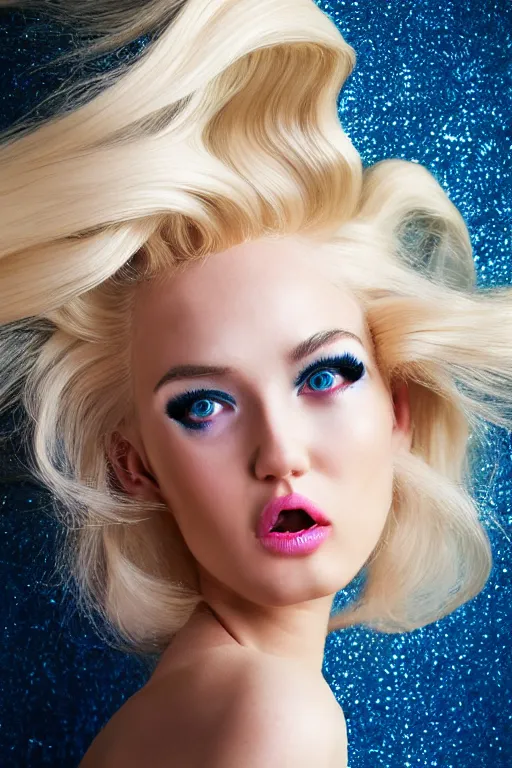 Prompt: Blonde woman with Hollywood wave hairstyle in rave dress, dynamic pose, many details, photo for a magazine, photo for a store, fashion photography, Vogue, cinematic, hyper realism, high detail, 8k, very coherent symmetrical work, perfect face model, full length photo, Upper and lower body, white skin tone, white eyes, photographer style by Nik Night Erik Madigan Hec and Walter Chin and Camilla Akrans and Miles Aldridge