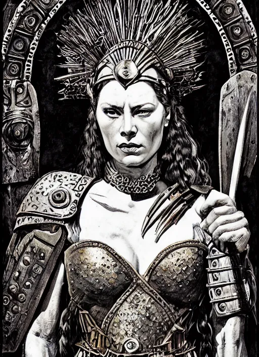 Image similar to warrior queen boudica, pulp art painting in a mixed style of mort kunstler and maxfield parrish, intricate, hyper detailed, stunning inking lines, 4 k, hd, award winning, photorealistic