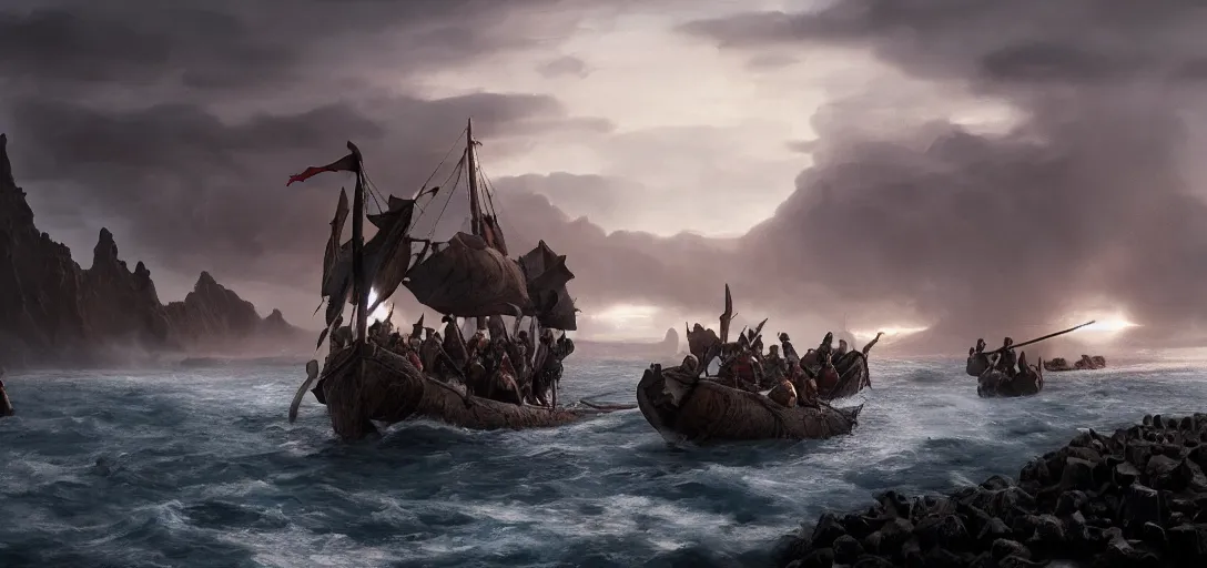 Image similar to vikings landing on the shore of iceland, dramatic lighting, cinematic, establishing shot, extremely high detail, photo realistic, cinematic lighting, post processed, concept art, artstation, matte painting, blizzard studio, wow, style by eddie mendoza, raphael lacoste, alex ross