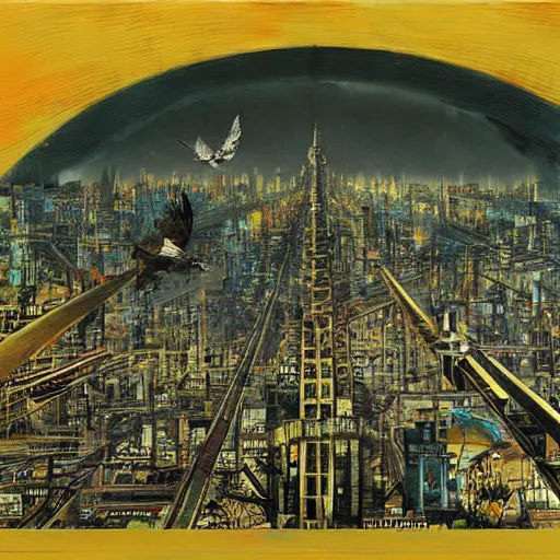 Prompt: a mechanical bird flies over a progressively rasterized digital neon city, oil on canvas by dave mckean and ivan shishkin