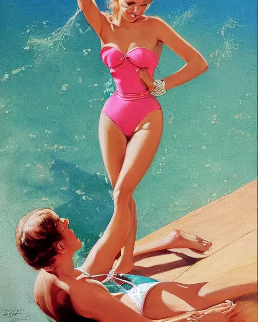 Prompt: tuesday weld in a pink bikini, tuesday weld half immersed in water in a palm springs midcentury swimming pool by gil elvgren, by mort kunstler, by basil gogos